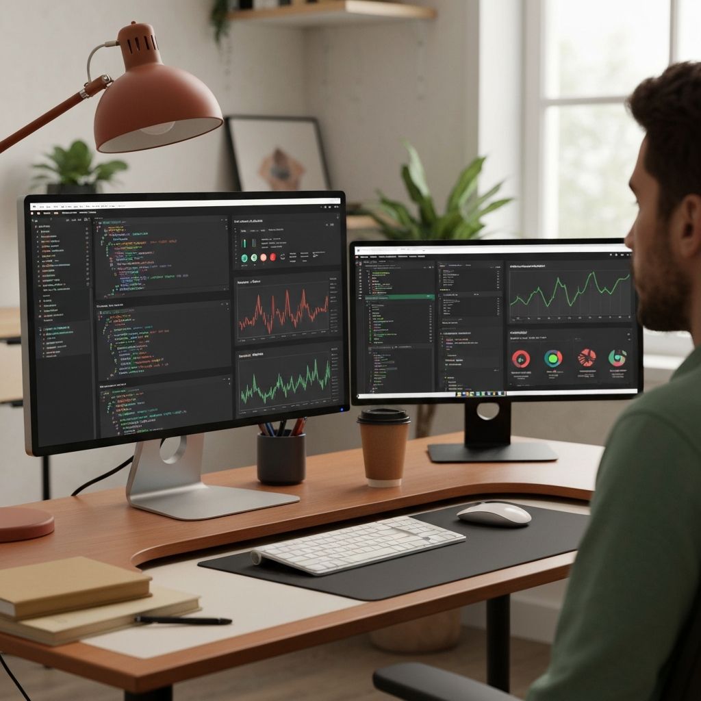 Developer workspace with multiple screens showing code and dashboards